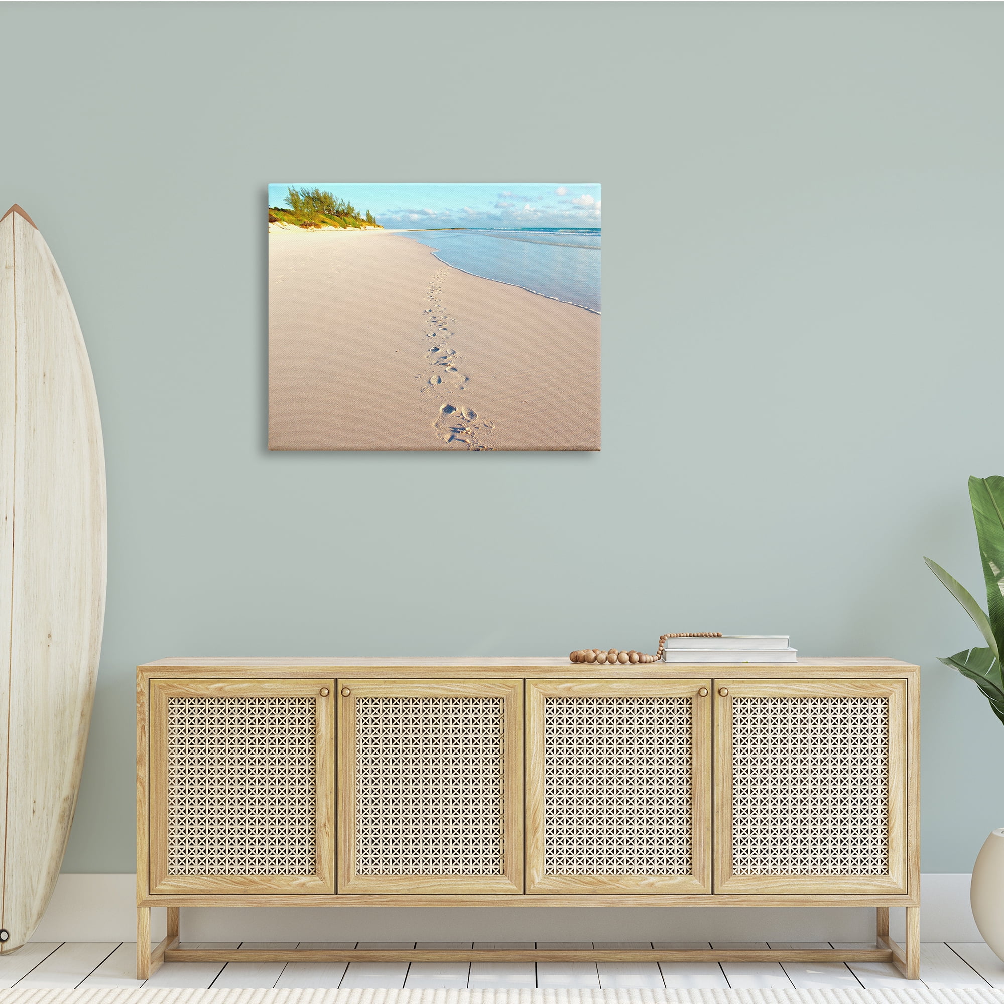Stupell Indtries Sandy Footprints Across Beach Coastline Cloudy Nautical Horizon,40 x 30,Design by Jairo Rodriguez