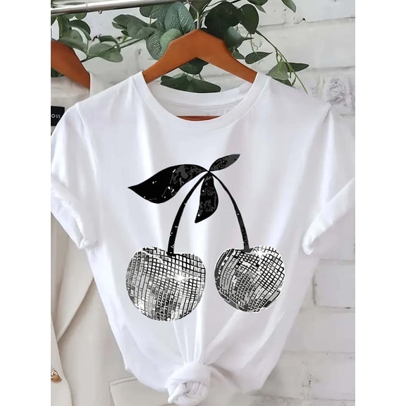 Silver Cherry Graphic Print T-Shirt Short Sleeve Crew Neck Casual Top for Summer & Spring Women' S Clothing