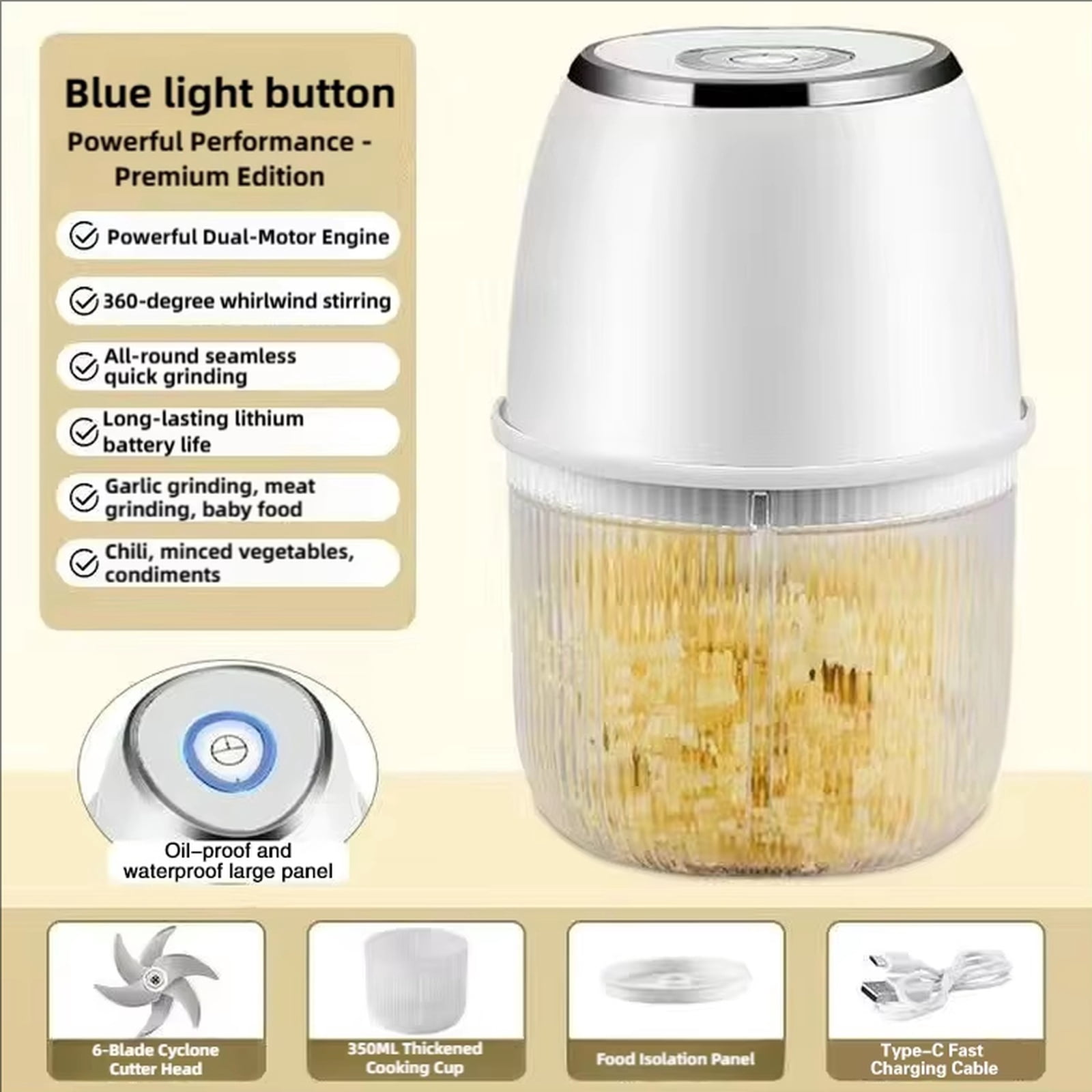 Electric Garlic Chopper, 4 Blades, USB Rechargeable, White, for Home Kitchen, Garlic, Onion, Meat, Vegetable, Food Preparation