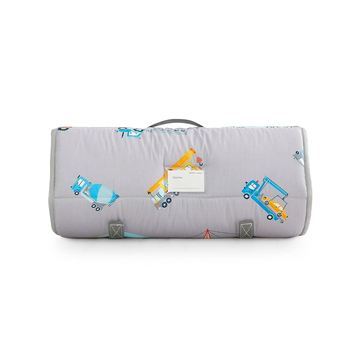 Nap Mat with Removable Pillow for Kids Toddler Boys Girls Daycare Preschool Kindergarten Sleeping Bag, Cars Cranes Excavators Trucks Printed on Gray, 100% Cotton with Microfiber Fill