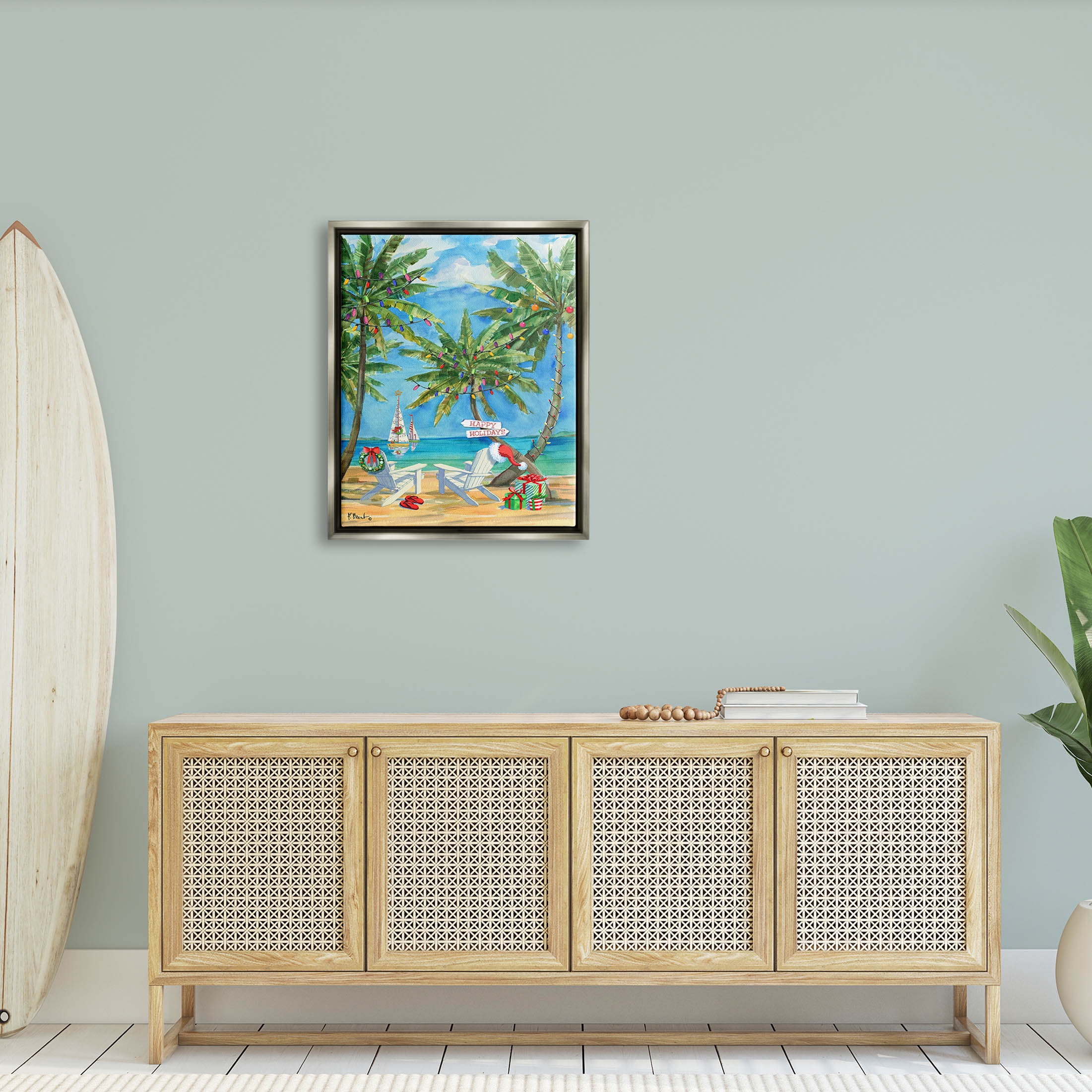 Stupell Industries Holiday Palms Warm Island Winter Painting Luster Gray Floating Framed Canvas Print Wall Art, Design by Paul Brent