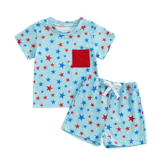 Elippeo Baby Boys Memorial Day Outfits Star Print Short Sleeves T-Shirt and Elastic Shorts Set for 2 Piece Vacation Clothes Set