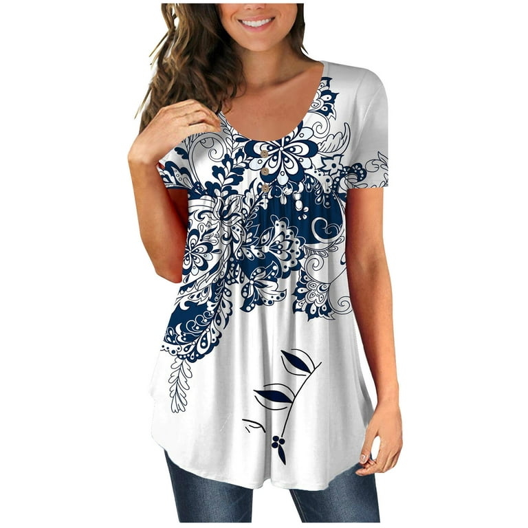2023 Summer Tops for Women Fashion Hide Belly Fat T Shirts Fashion Short  Sleeve Blouses Casual Half Button Up Tunic 