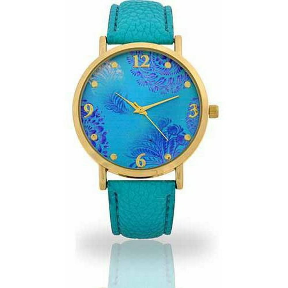 Women's Turquoise Flower Mirror Face Watch, Faux Band