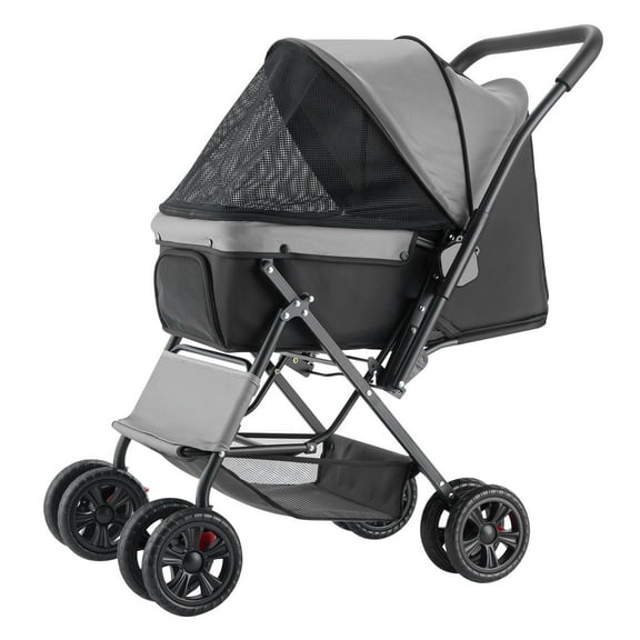 Pet Stroller Foldable 4-Wheel Travel Dog Stroller with Reversible Handle, Compact One-Hand Fold, Smooth EVA Wheels, Breathable Mesh Cabin, Supports Pets up to 44lbs, Ideal for Dogs and Cats