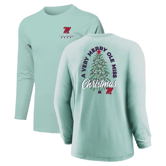 Youth  Light Green Ole Miss Rebels Merry Christmas Tree Long Sleeve T-Shirt
