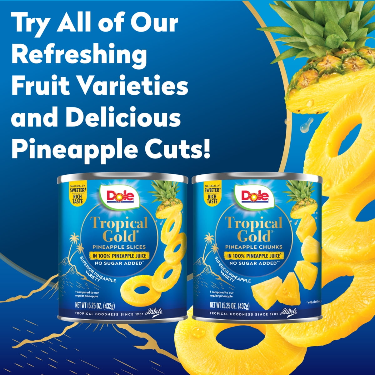 (5 pack) Dole Tropical Gold Pineapple Slices in 100% Pineapple Juice, 15 oz Can
