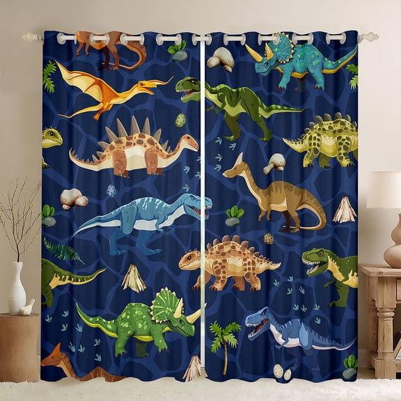 Homewish Kawaii Dino Dinosaur Black Out Curtains,Ancient Animal Curtains Pack of 2 (42x63 Each),Green Brown Deepblue Bedroom Curtains For Boys Child,Ultra Soft Home Decor