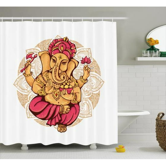 Spiritual Shower Curtain Dancing Elephant Symbol Traditional Ceremony Tattoo Oriental Design Fabric Bathroom Set With Hooks 69w X 84l Inches Extra