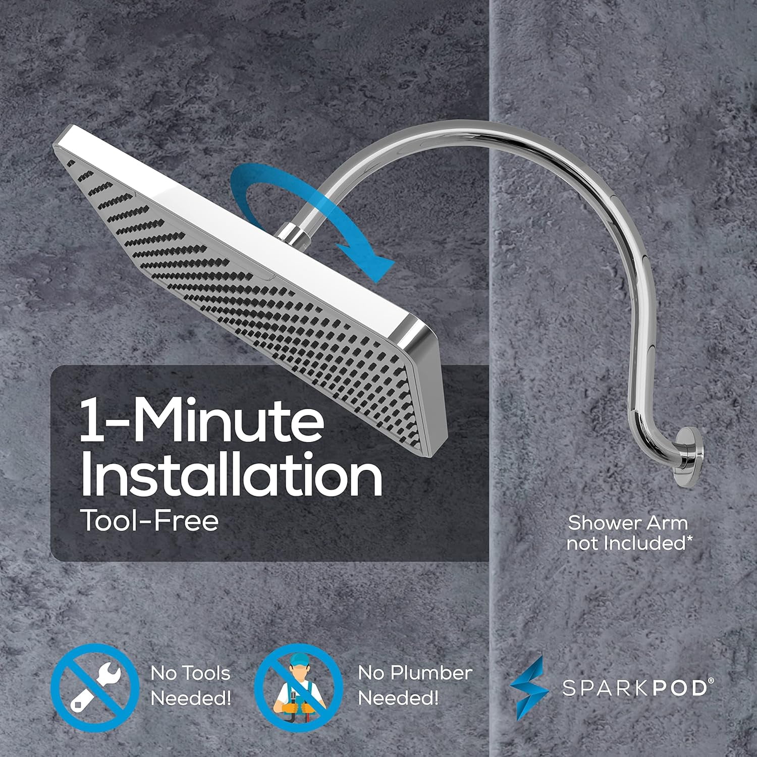 SparkPod 12" Rainfall Shower Head - Wall/Ceiling Mount - High Pressure, Anti-Clog, Easy Install (Polished Chrome)