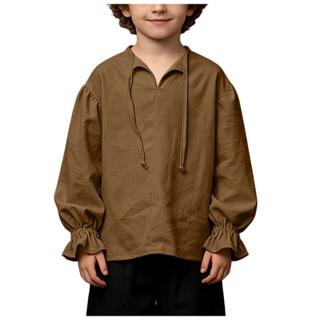 gibobby Boys Medieval Pirate Costume Shirt Kids Medieval Renaissance Ruffled Long Sleeve Halloween Scottish Jacobite Tops (Brown 12-13 Years)
