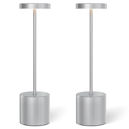 Cordless Table Lamp – 2 Pack Rechargeable Table Lamps,5000mAh Battery Operated Lamp with 3-Color Dimmable Light,Outdoor Table Lamp for Bedroom,Restaurant,Patio,Home Décor (Silver)