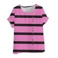 thumbnail image 3 of Fesfesfes Women's Trendy Blouse Lightweight Casual Linen Stripe Short Sleeve Tops Crew Neck Asymmetric Button Placket Curved Hem T-shirt (Hot Pink,S), 3 of 3