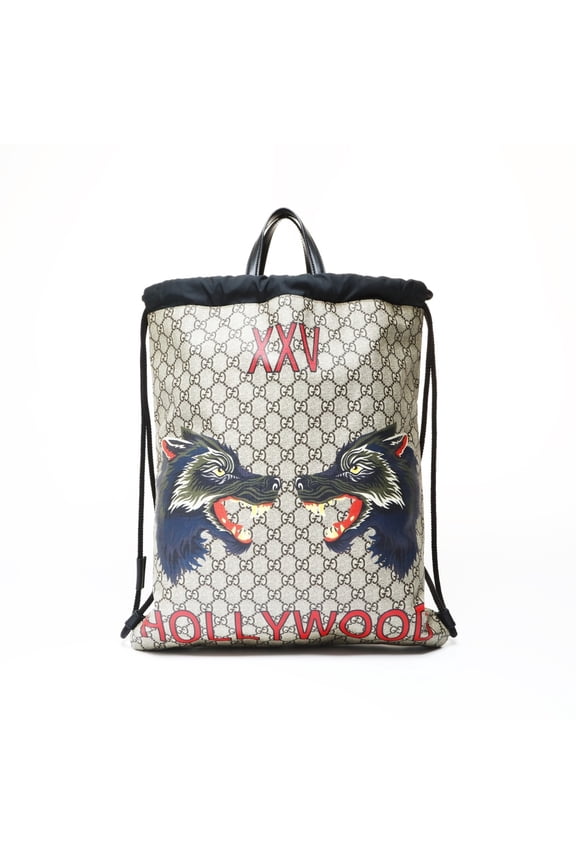Pre-Owned Gucci GG Supreme Drawstring Wolf Backpack, Brown, WS26935