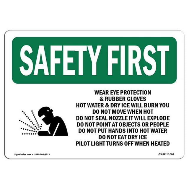 SignMission OS-SF-A-1218-L-11002 12 x 18 in. OSHA Safety First Sign - Wear Eye Protection & Rubber with Symbol