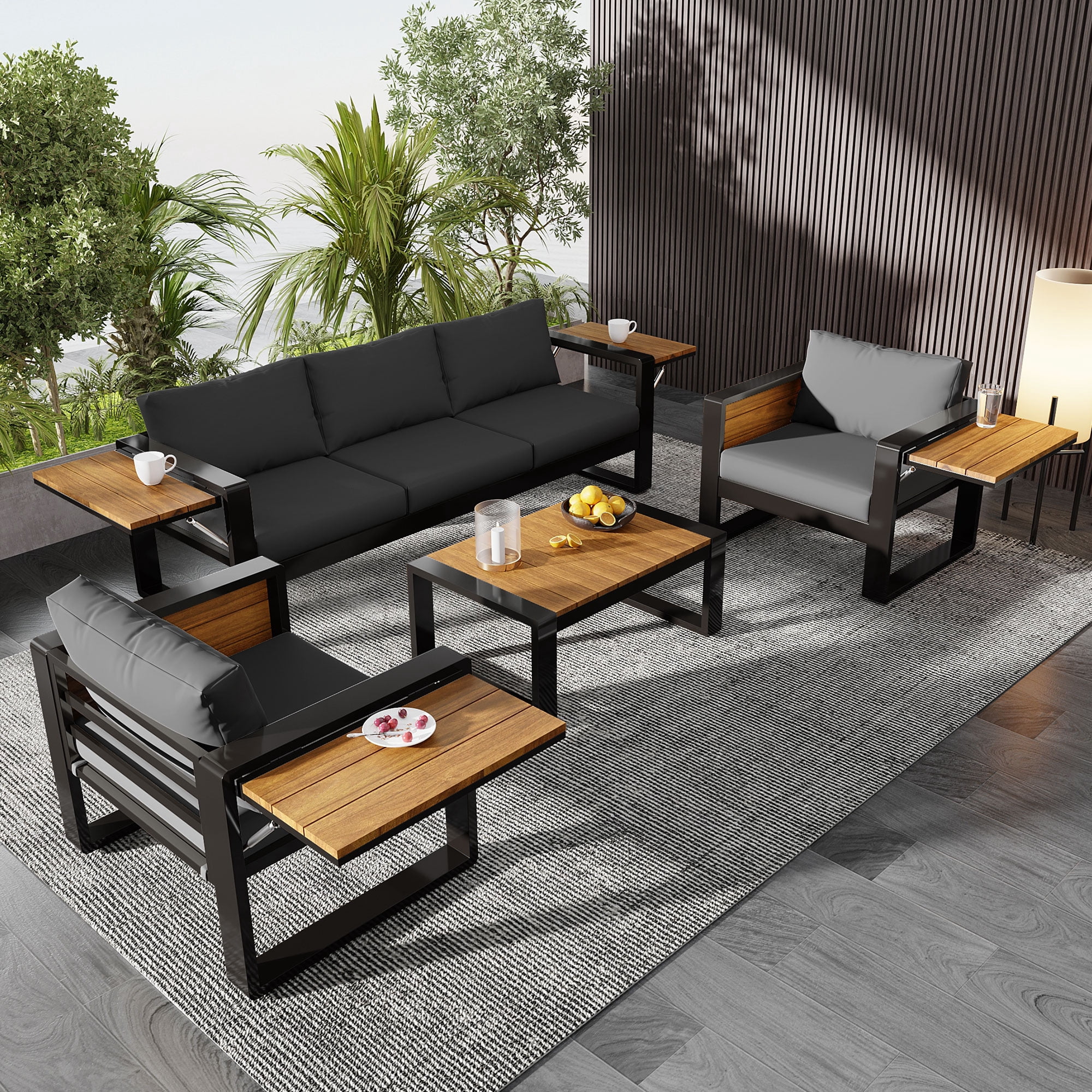 Mintazer 4 Piece Aluminum Outdoor Conversation Set with Tables & Sofa and 2 Armchairs, Modern Patio Furniture Set with Cushions for Patio Garden Balcony Backyard, Grey & Natural