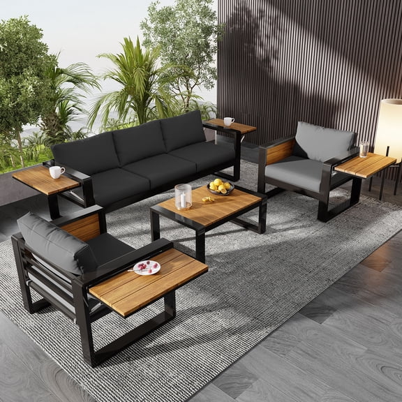 Mintazer 4-Piece Aluminum Patio Conversation Set with Tables & Sofa and 2 Armchairs, Modern Outdoor Furniture Set with Cushions for Patio Garden Balcony Backyard, Grey & Natural