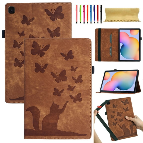 for Samsung Galaxy Tab S6 Lite 10.4" 2020 SM-P615/SM-P610 Adjustable Kickstand Case, Lovely Pattern PU Leather Soft Inner Case Auto Wake/Sleep Flip Folio Cover with Pen Holder & Card Slots, Brown