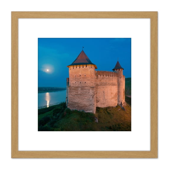 Ryshkov Khotyn Fortress Ukraine Full Moon Photo 8X8 Inch Square Wooden Framed Wall Art Print Picture with Mount