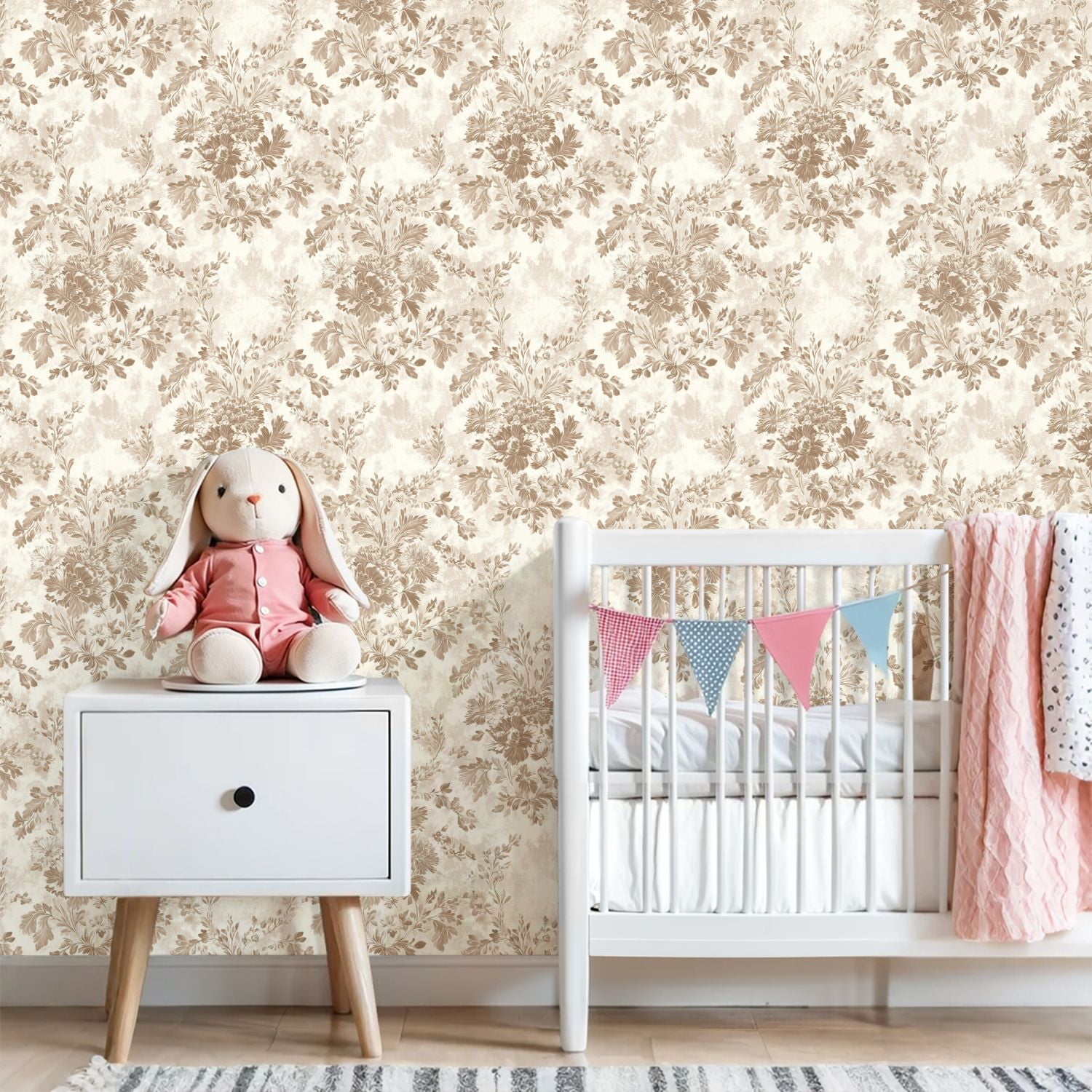 Peel and Stick Wallpaper Vintage Floral Soft Beige Brown Tones Wall Mural 23.6in x 9.8ft Self Adhesive Removable Wall Paper Renter Friendly Wallpaper for Nursery Bedroom Cabinets