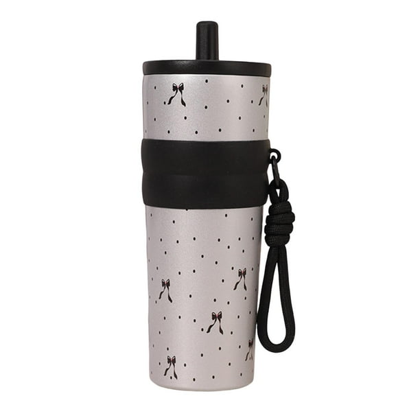 Botella de agua aislada, botella para beber, taza térmica, linda con cuerda de transporte, portátil Plata y negro
