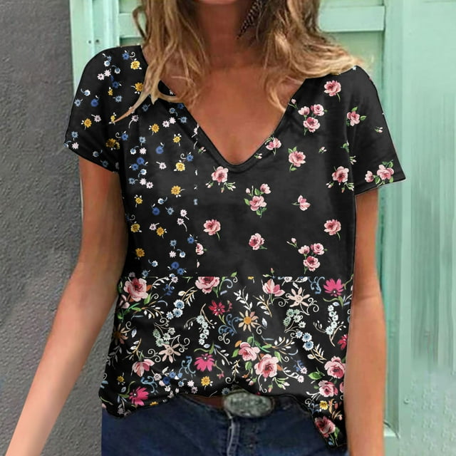Hauts d'Été Grande Taille pour Femmes Blouse Imprimée Tendance d'Été T-Shirts Décontractés Col en V Manches Courtes T-Shirts Hauts Col en V Femmes en Solde