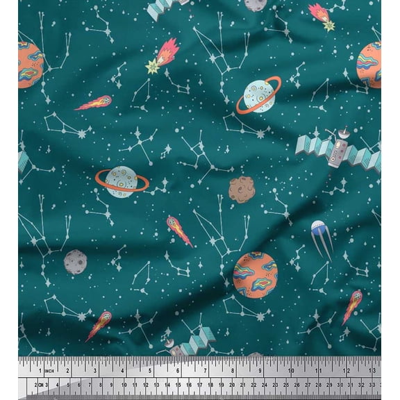 Soimoi Poly Georgette Fabric Star,Satellite & Planet Galaxy Print Sewing Fabric Yard 42 Inch Wide