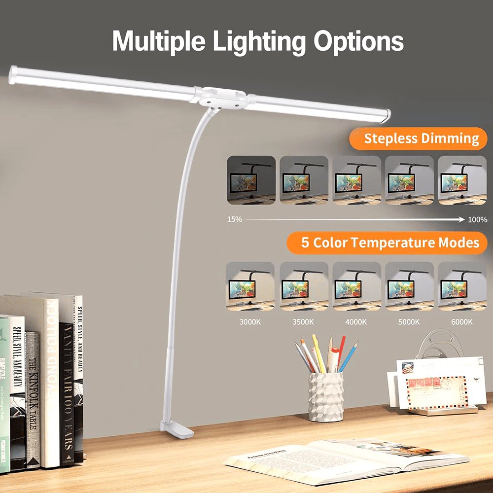 Double Head LED Desk Lamp Flexible Gooseneck Tube with Clip Fill Light 10-level Adjustable Eye Protection Table Lamp Light