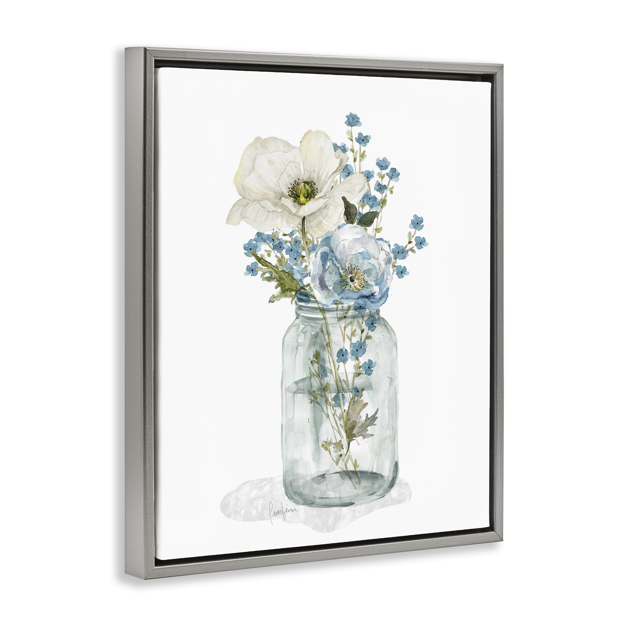 Stupell Industries Soft Flower Jar Botanical & Floral Painting Gray Floater Framed Art Print Wall Art, 17 x 21