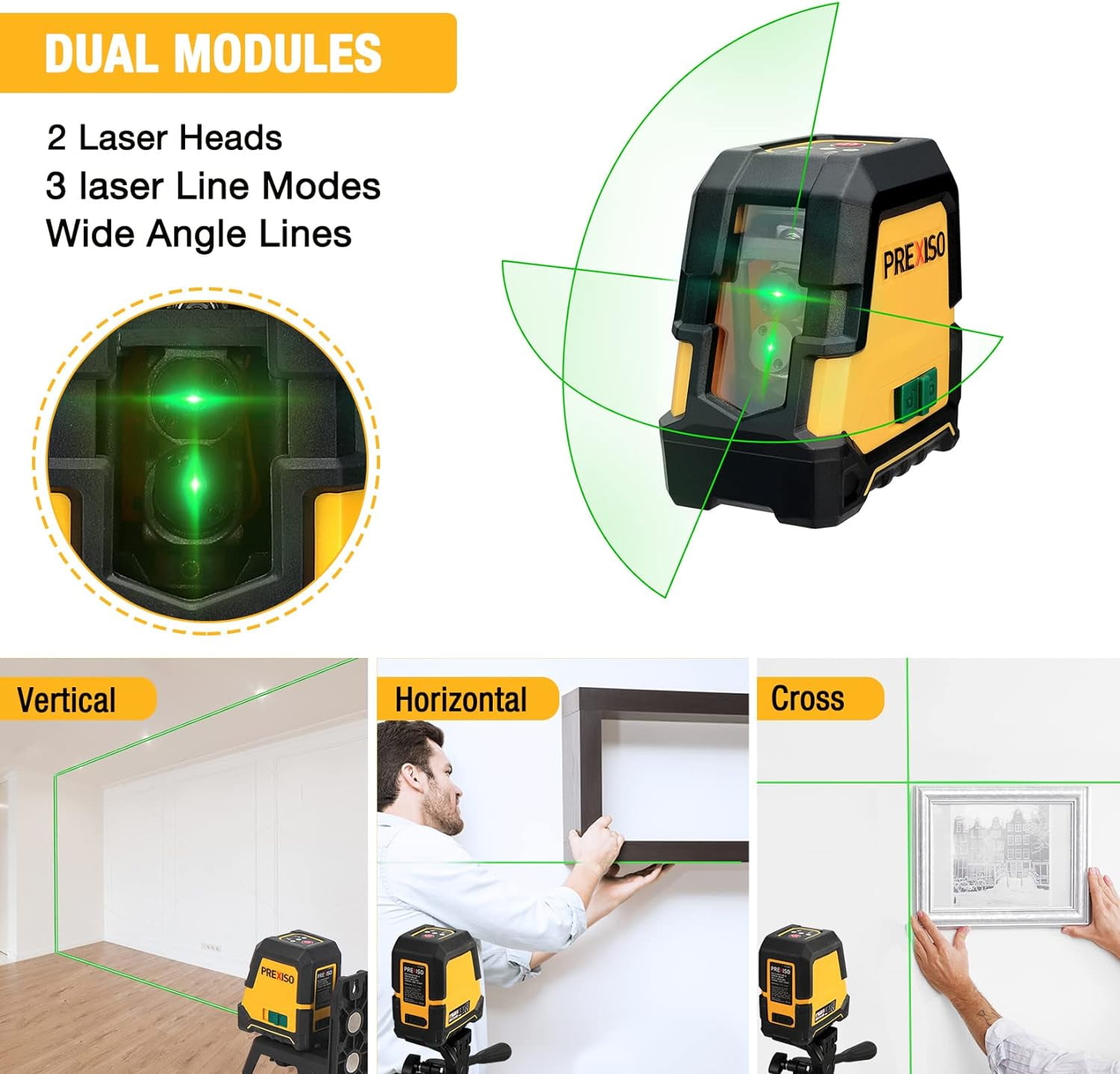 PREXISO Laser Level Self Leveling - 100Ft Rechargeable Cross Line Laser, Green Line leveler Tool for Construction, Floor Tile, Home Renovation with Magnetic Pivoting Base, Target Plate & Portable Bag