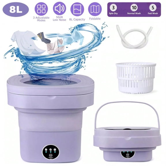 8L Portable Foldable Washing Machine with Spin Dryer, Touch Control, for Underwear, Baby Clothes, Dorms & Travel, Purple, 1 Pack