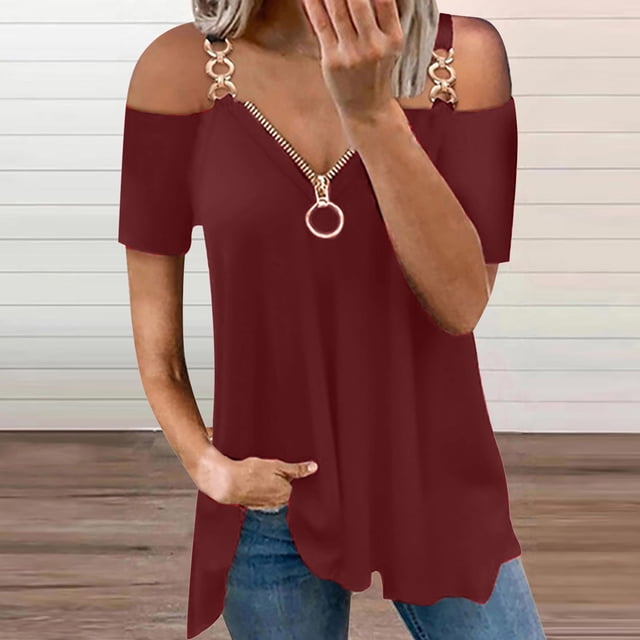 ICHUANYI Clearance Women Solid V-neck Short Sleeve Strapless T Shirt Polluver Blouse Tank Tops(Red, L) ICHUANYI WER2023080807904