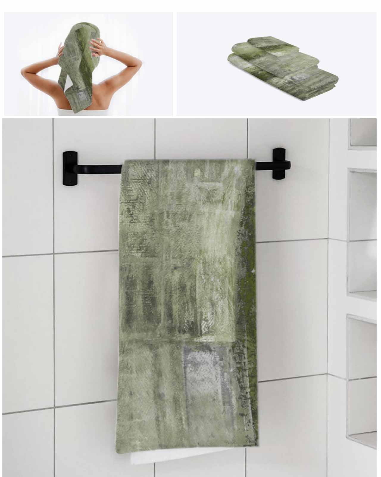 Sage Green Bath Towels for Bathroom Set,Luxury Microfiber Towels Gifts for Women,Beach Kitchen Hand Hair Face Towel and Dish Washcloth,Retro Oil Painting Modern Abstract Art Aesthetics Towels+Set