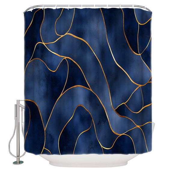 Navy Blue Marble Shower Curtain Set ,Waterproof Fabric Shower Curtains Modern Abstract Gold Geometric Shower Curtains for Bathroom,Bathroom Decor 72"x84"