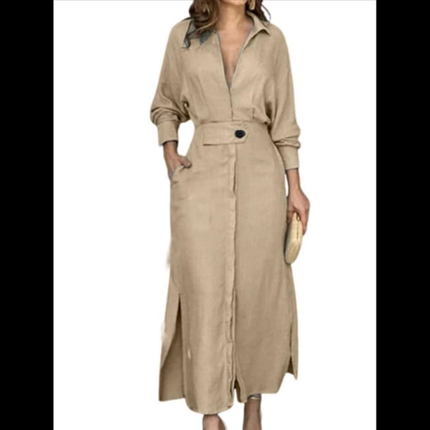 Vestido Maxi Informal de Otoño para Mujer, con Solapa, Abertura, Antiarrugas, y Bolsillos para Vacaciones Albaricoque M