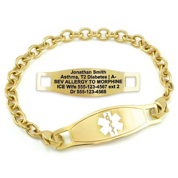 MedicEngraved Bracelet d'Alerte Médicale Personnalisé en Acier Inoxydable Or Jaune - Maillon Ovale 5 mm