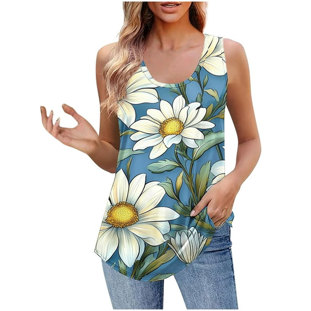 UPPADA Camisoles Mignonnes pour Femmes Tendance Col Rond à Fleurs Hauts d'Été Sans Manches Blouses Chic Décontracté Débardeurs Graphiques Bleu Marine,P