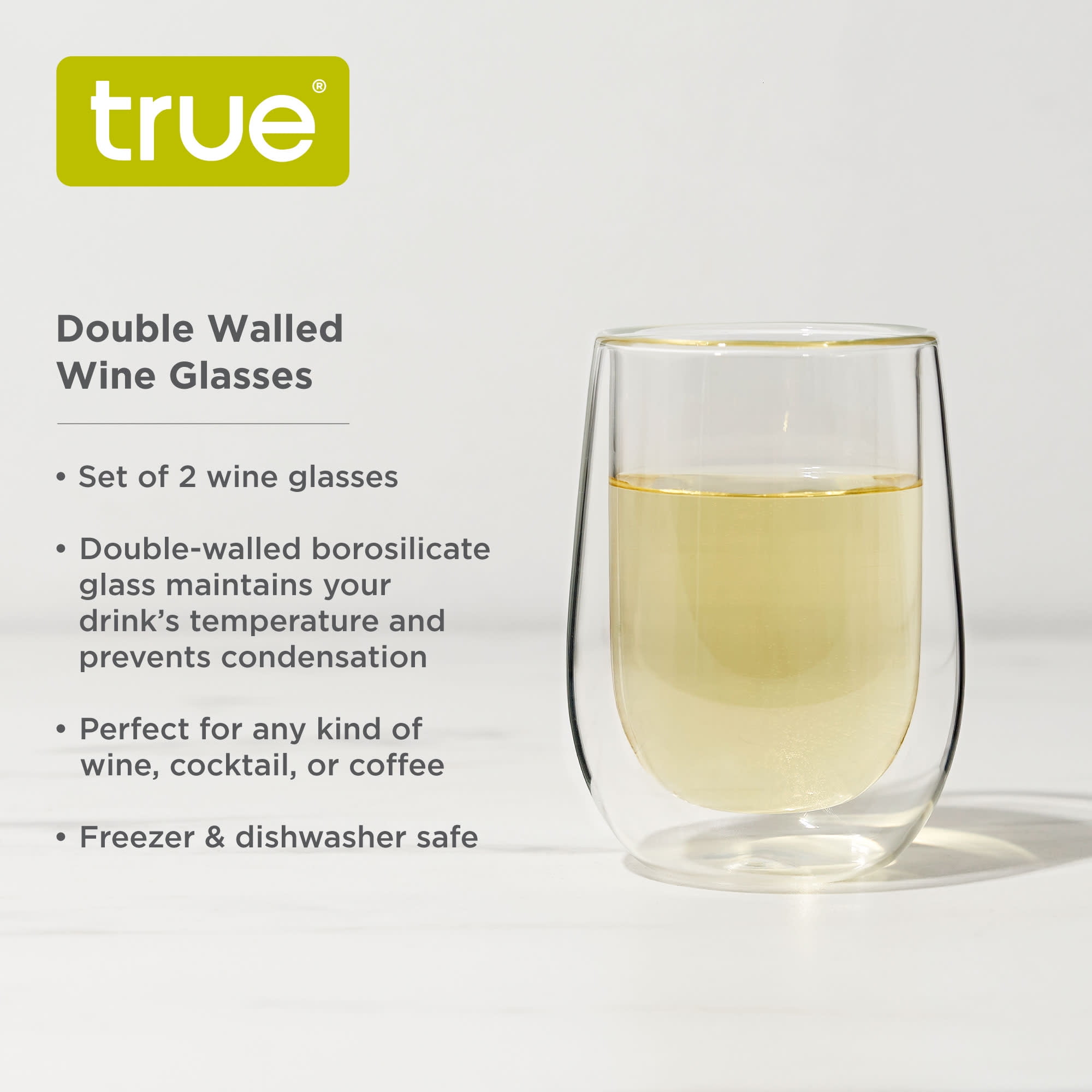 True Insulated Wine Glasses, Kitchen and Home Bar Glassware, 10oz Set of 2