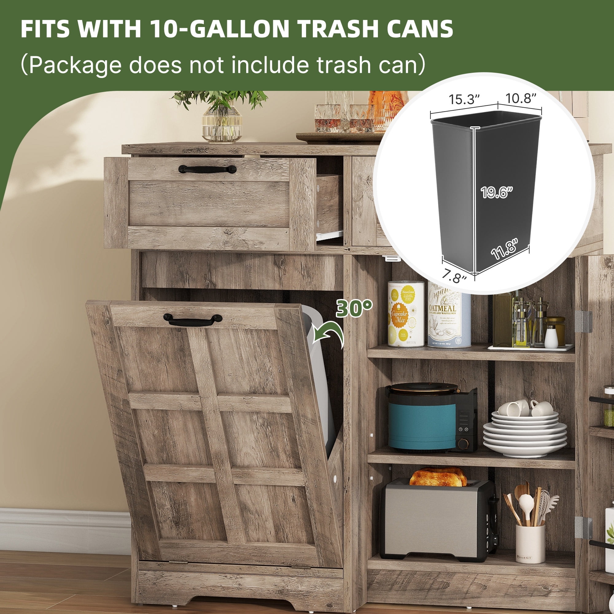 Uforic Kitchen Storage Buffet Cabinet for 10-gal Trash Bin, Tilt Out Trash Cabinet with Drawers & Shelves, Wash Gray