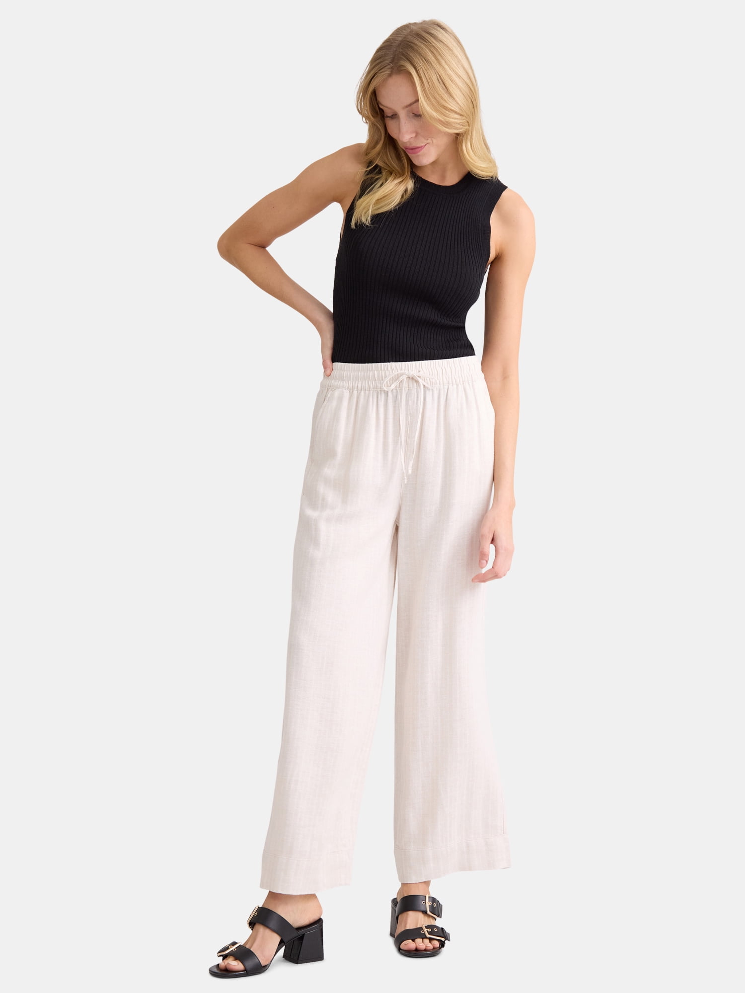 Time and Tru Women's and Women's Plus Wide Leg Linen Blend Pants, 29" Inseam, Sizes XS-4X