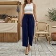 thumbnail image 3 of Capri Pants for Women High Waisted Wide Leg Casual Lounge Pant Summer Adjustable Drawstring Trousers with Pockets Navy XL, 3 of 5