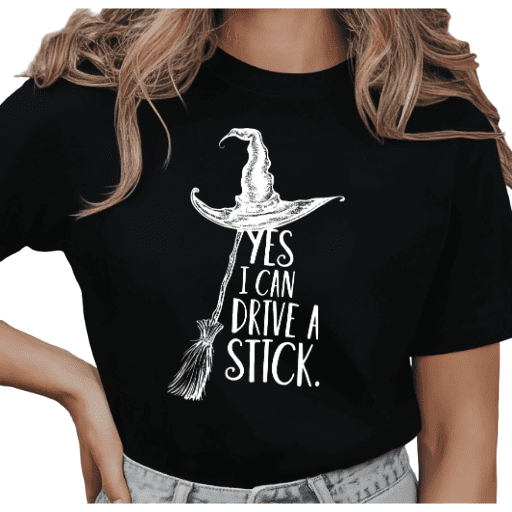 Women's Hilarious Witch "Yes I Can Drive A Stick" Halloween Pun Humorous Retro Vintage Graphic Short Sleeve Round Neck Top Black S-5XL