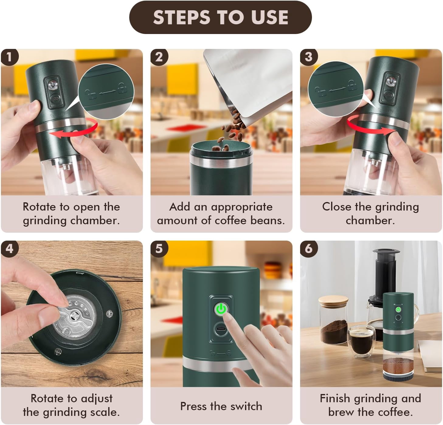 Portable Electric Coffee Grinder Stainless Steel Conical Burr with 45 Settings Rechargeable for Home Travel Camping Office Dark Green