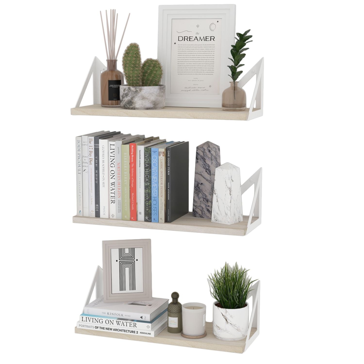 Wallniture Minori Floating Shelves for Wall Storage Natural Wood Wall Shelves with White Brackets Floating Bookshelf Set of 3