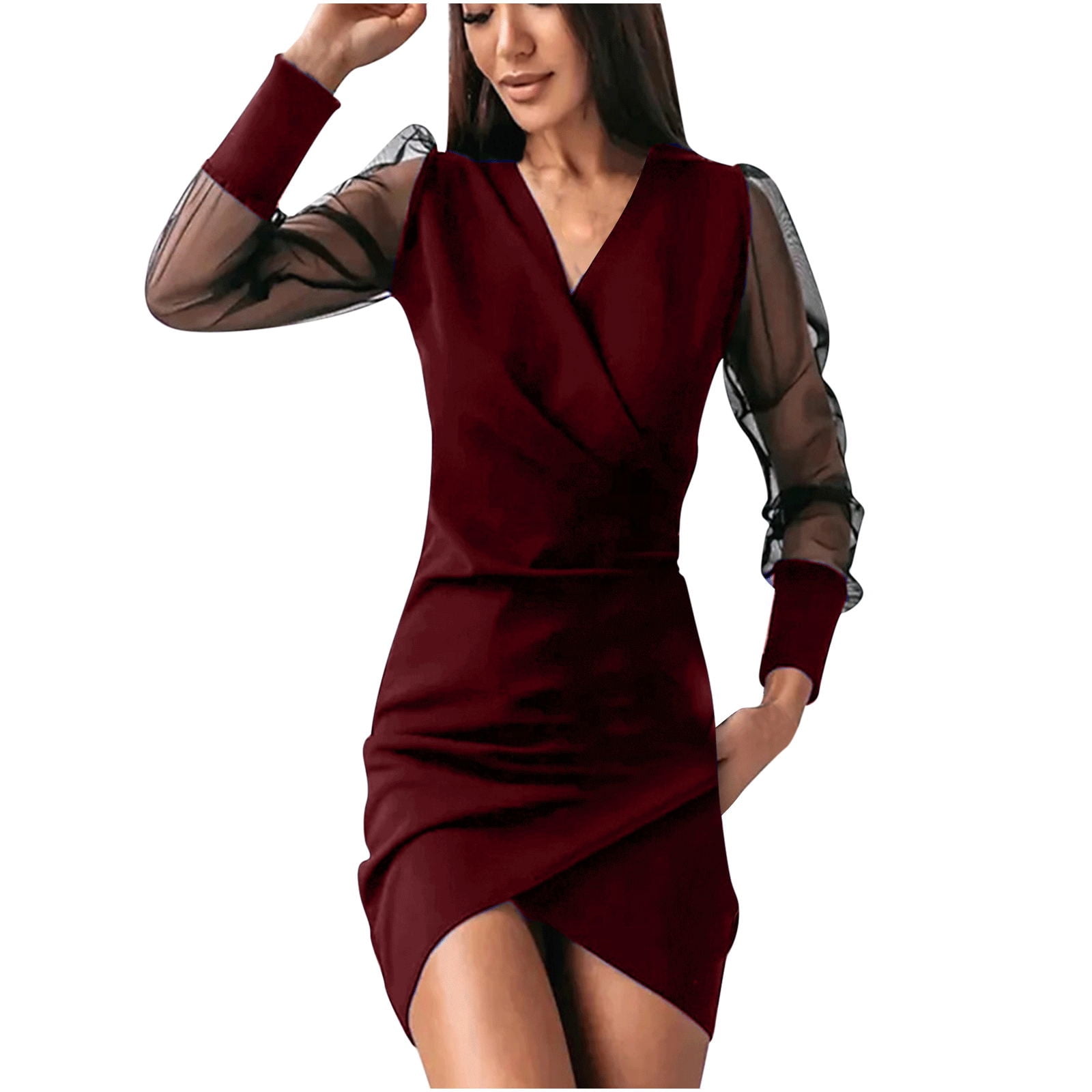 Hfyihgf Women's Plus Size Dresses Mesh Sheer Long Sleeve Work Short