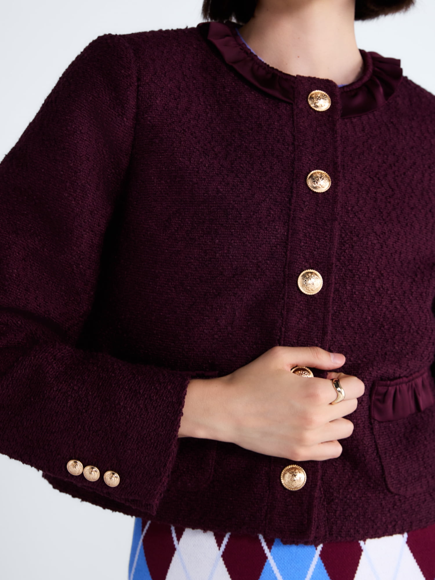 Free Assembly Women’s and Women's Plus Ruffle Trim Nubby Jacket with Long Sleeves, Sizes XS-4X