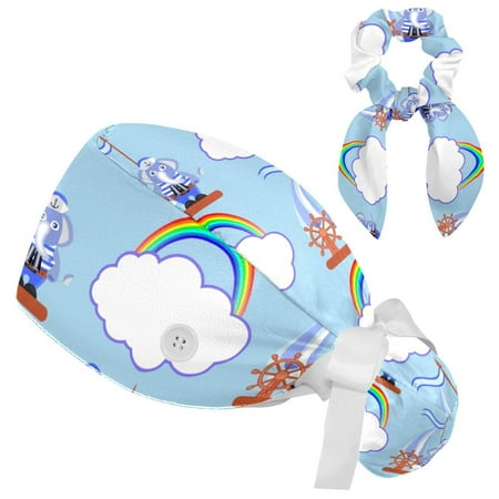 

Working Cap with Buttons and Sweatband Scrub Hat Bouffant Caps with Scrunchie Elephant Tie Back Hats