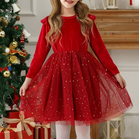 BLTIBY Toddler Girls Velvet Tutu Dress Layered Tulle Long Sleeve Smocked Fall Spring Wedding Party Birthday Star Sequin Dresses Christmas Red 7-8 Years