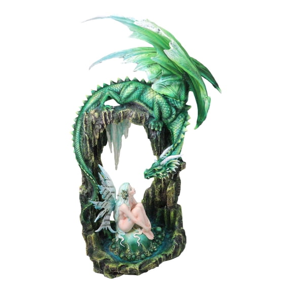 Large Elf Fairy With Green Emerald Dragon by Ice Crystals Stone Arch Statue