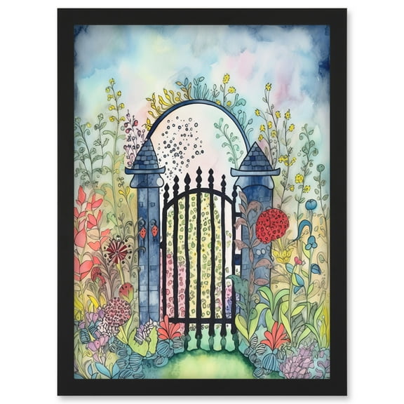 Garden Gate In Spring Folk Art Watercolour Painting Artwork Framed Wall Art Print A4
